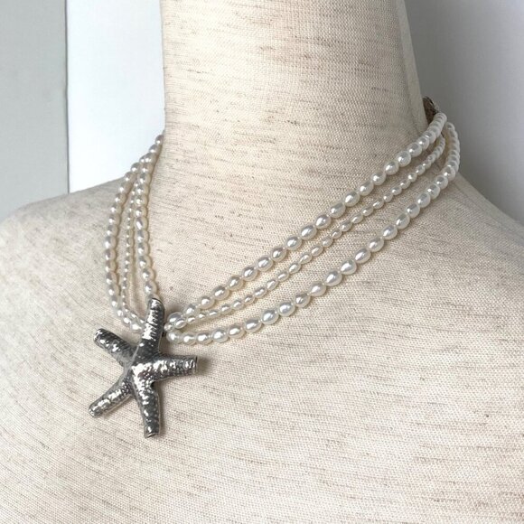 Sterling Silver 925 Layered Triple Strand Freshwater Pearl Starfish Necklace - Picture 14 of 16
